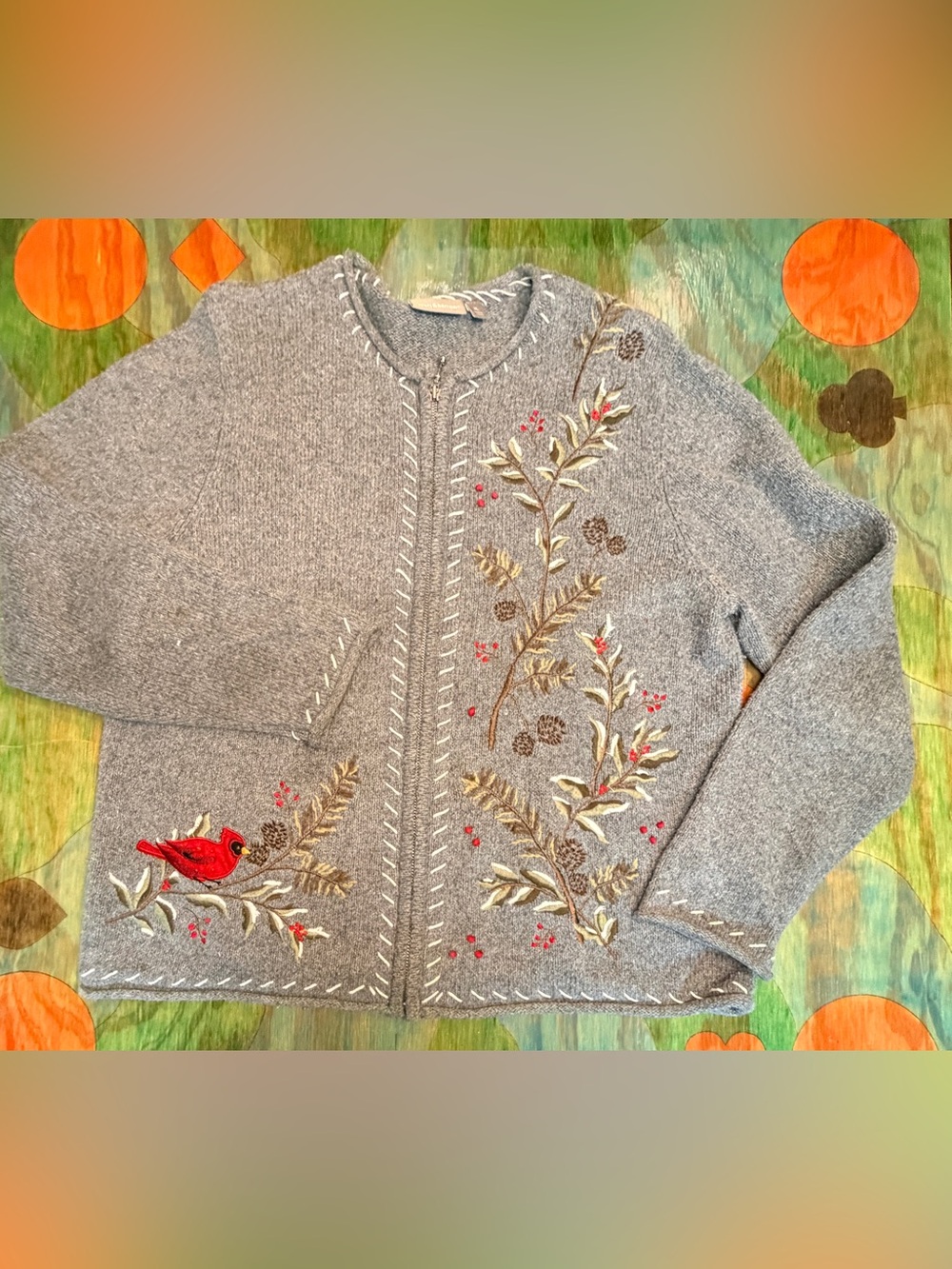 Croft & Barrow Women’s XL Gray Full Zip Embroidered Cardinal Knit Cardigan Ramie